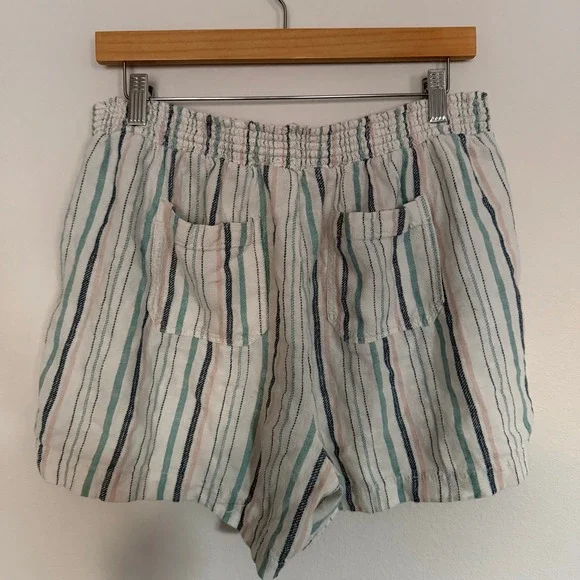 Briggs Womens Medium Striped Smocked Waist Linen Blend Shorts Teal Pink White - Picture 2 of 3